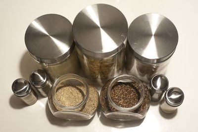 High angle view of glasses on table