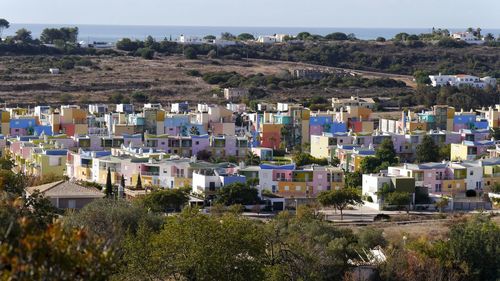 High angle view of townscape against clear sky