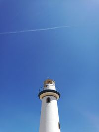 Low angle view of lighthouse against clear blue sky