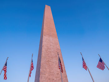 Low angle view of flags against clear blue sky