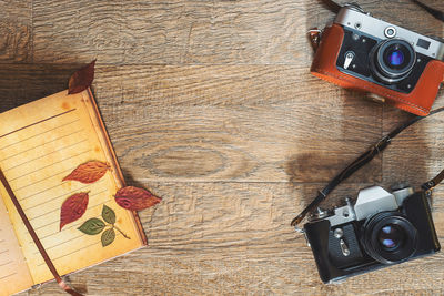 High angle view of camera on table