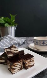 Close-up of chocolate cake on table