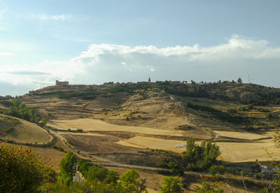 High angle view of land against sky