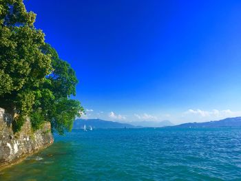 Scenic view of sea against blue sky