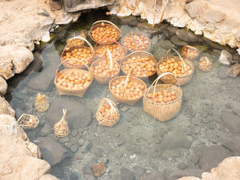 High angle view of bread on rock