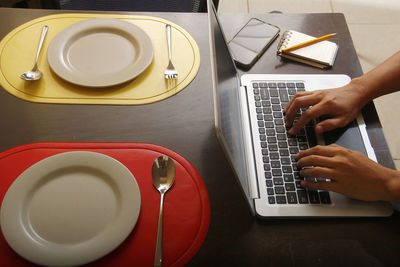 High angle view of coffee cup on table