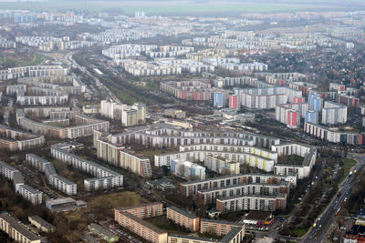 High angle view of modern buildings in city