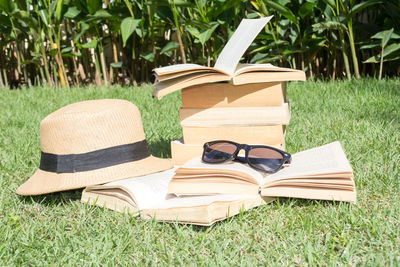 Side view of sunglasses and hat with books on grass