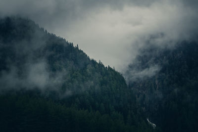 Scenic view of trees and mountains against sky