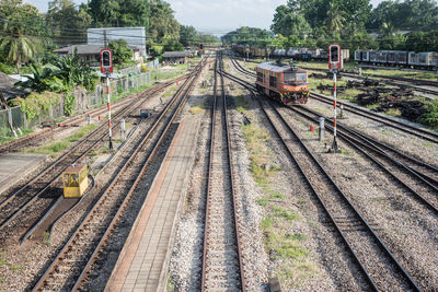 High angle view of railroad tracks amidst trees