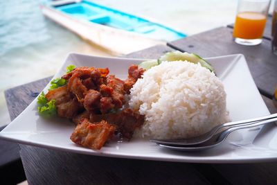 High angle view of food in plate on table