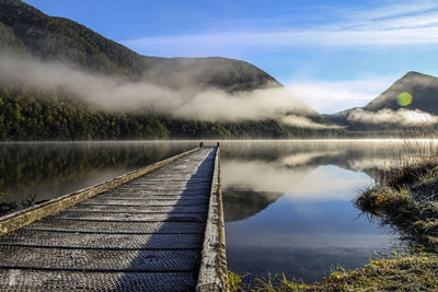 Scenic view of lake and mountains against sky