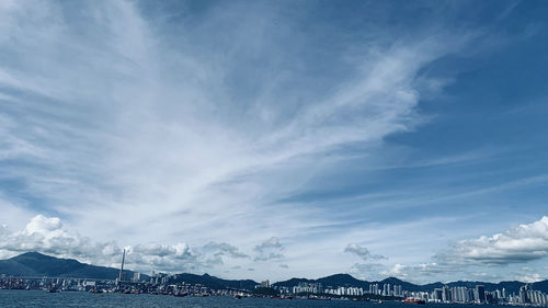 Panoramic view of city by sea against sky