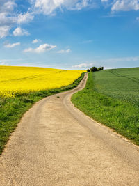 Dirt road amidst field against sky