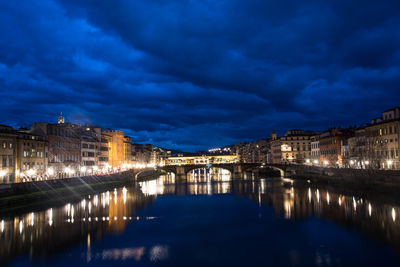 Illuminated buildings in river against cloudy sky at night