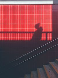 Shadow of person on railing against wall