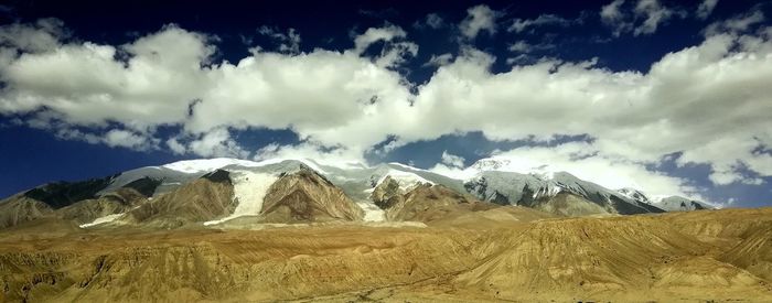 Panoramic view of snowcapped mountains against sky