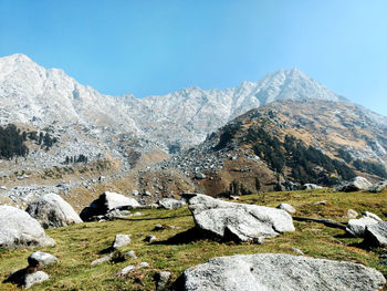 Panoramic view of rocks and mountains against clear sky