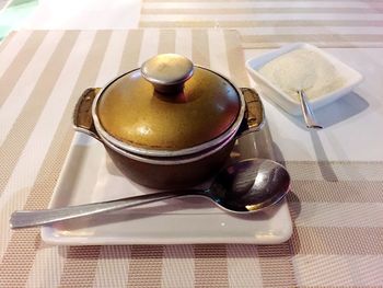 High angle view of coffee on table
