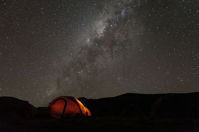 Tent on field against star field