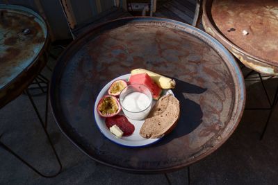 High angle view of food on table, fruit yogurt breakfast 
