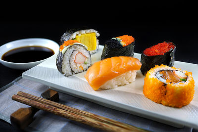 High angle view of sushi in plate on table