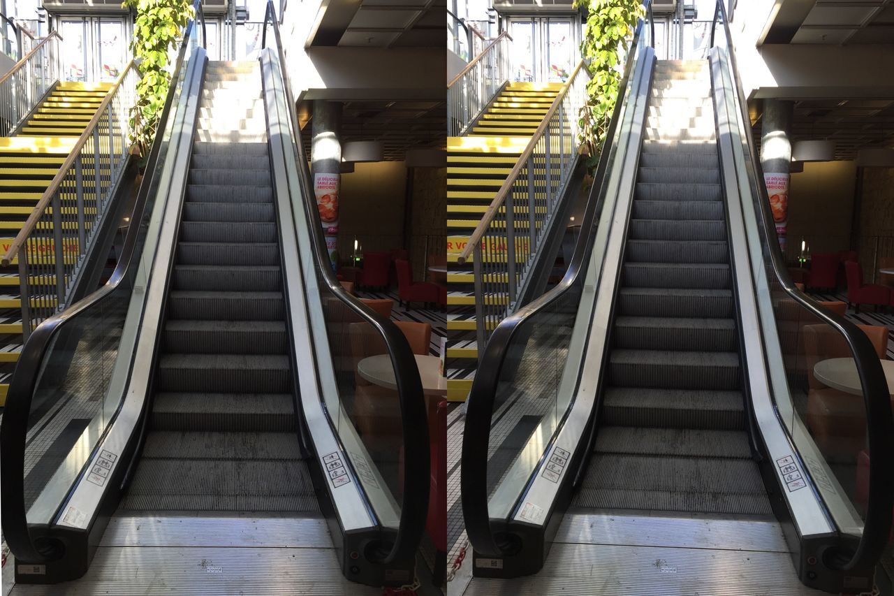 steps, steps and staircases, staircase, railing, architecture, indoors, escalator, built structure, high angle view, transportation, the way forward, empty, building exterior, absence, chair, incidental people, stairs, seat, mode of transport, narrow