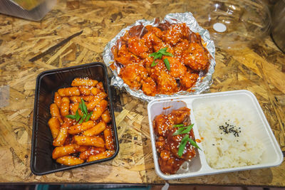 High angle view of food served on table