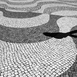 Shadow of person on cobblestone street