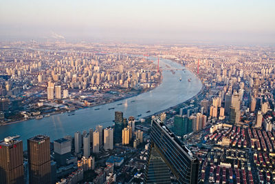 High angle view of modern buildings in city
