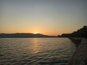 Scenic view of sea against clear sky during sunset