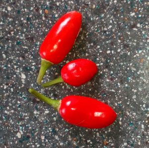 Close-up of red chili peppers on table