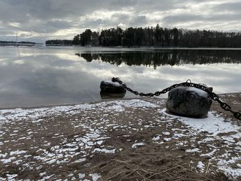 Scenic view of frozen lake against sky during winter