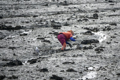 Rear view of man walking on rocks