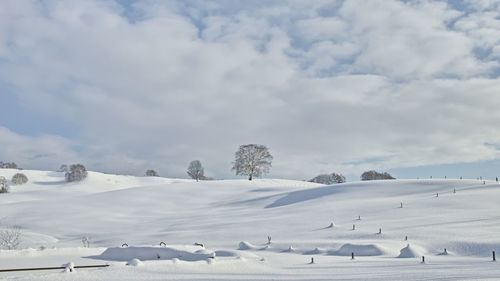 Scenic view of snow covered land against sky