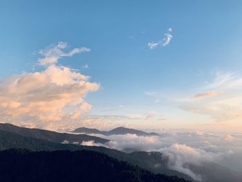 Scenic view of mountains against sky during sunset