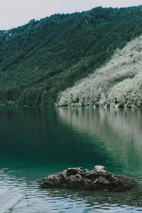 Scenic view of lake and mountains against sky