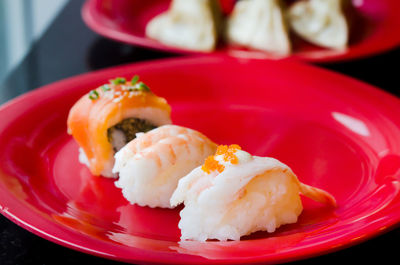 Close-up of sushi served in plate