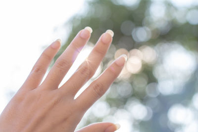 Cropped hand of woman against blurred background