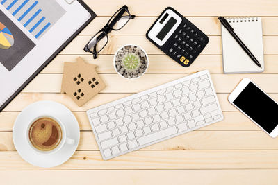 High angle view of coffee cup on table