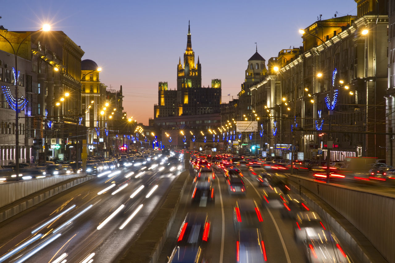 Moscow; russia; city; night; street; urban; architecture; road; transport; cityscape; city lights; traffic jam; cars; buildings; highway.