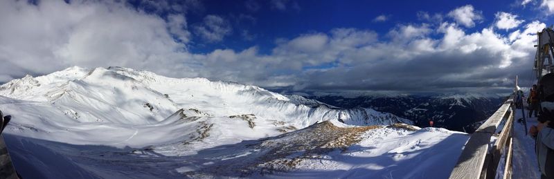 Snow covered landscape against cloudy sky