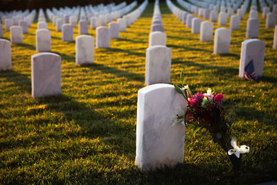 Military veteran cemetery at sunset. white gravestones. 