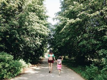 Rear view of sisters walking on footpath amidst trees