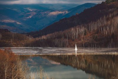 Scenic view of lake and mountains against sky