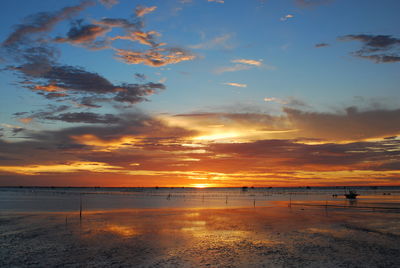 Scenic view of beach against sky during sunset