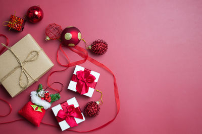 Christmas decorations on red background