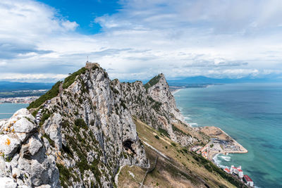 Panoramic view of sea and mountains against sky