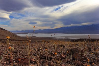 Scenic view of mountains against cloudy sky