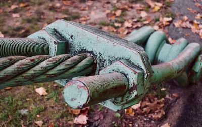 Close-up of rusty metal on field